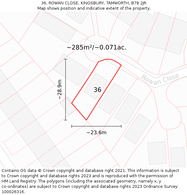 36, ROWAN CLOSE, KINGSBURY, TAMWORTH, B78 2JR: Plot and title map