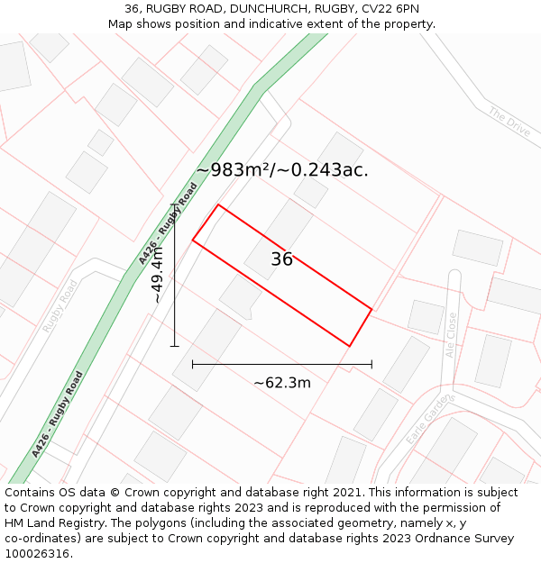 36, RUGBY ROAD, DUNCHURCH, RUGBY, CV22 6PN: Plot and title map