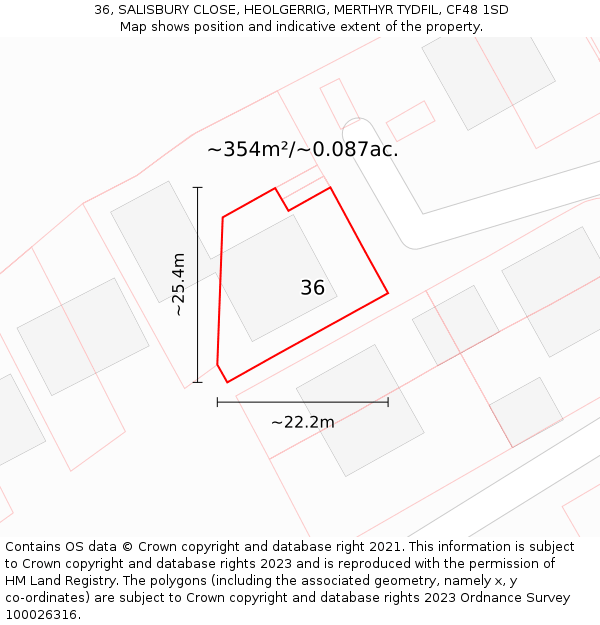 36, SALISBURY CLOSE, HEOLGERRIG, MERTHYR TYDFIL, CF48 1SD: Plot and title map