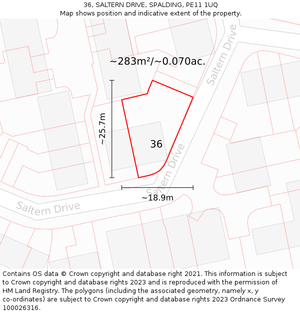 36, SALTERN DRIVE, SPALDING, PE11 1UQ: Plot and title map