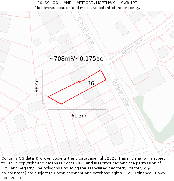 36, SCHOOL LANE, HARTFORD, NORTHWICH, CW8 1PE: Plot and title map