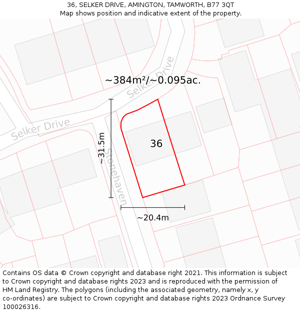 36, SELKER DRIVE, AMINGTON, TAMWORTH, B77 3QT: Plot and title map