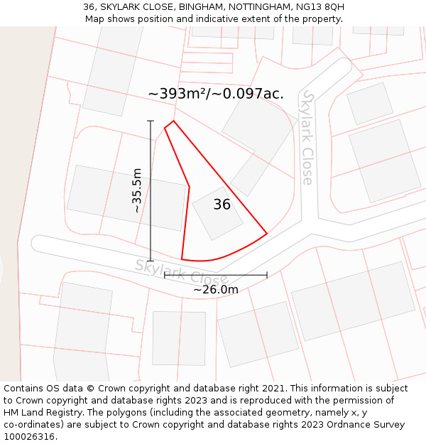 36, SKYLARK CLOSE, BINGHAM, NOTTINGHAM, NG13 8QH: Plot and title map