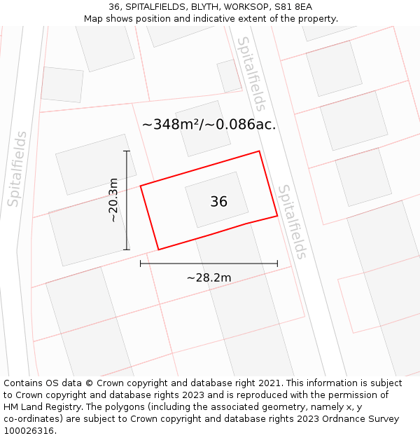 36, SPITALFIELDS, BLYTH, WORKSOP, S81 8EA: Plot and title map