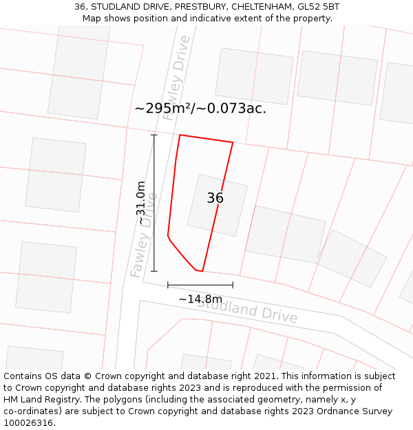 36, STUDLAND DRIVE, PRESTBURY, CHELTENHAM, GL52 5BT: Plot and title map