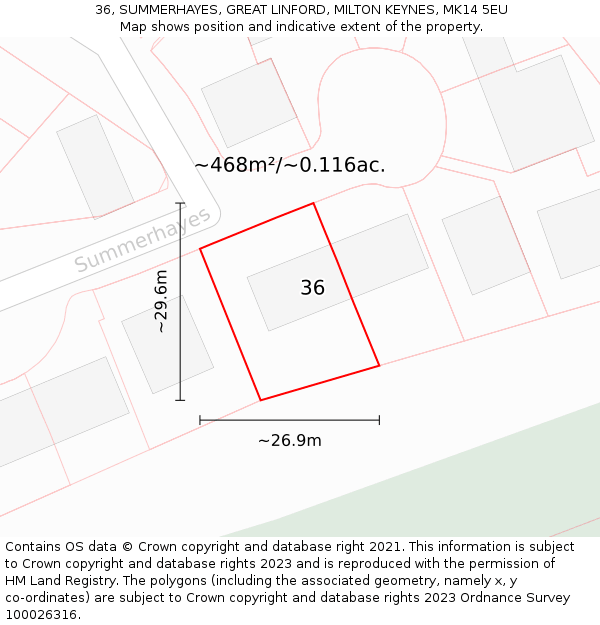 36, SUMMERHAYES, GREAT LINFORD, MILTON KEYNES, MK14 5EU: Plot and title map