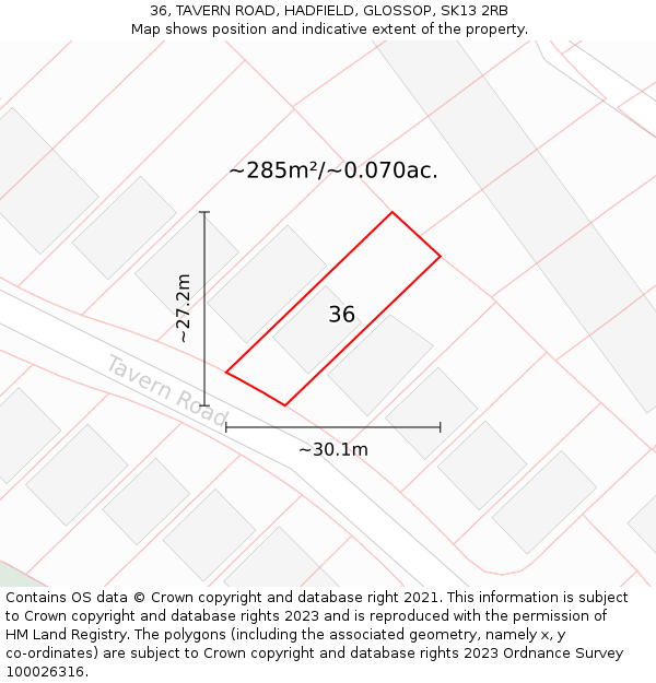 36, TAVERN ROAD, HADFIELD, GLOSSOP, SK13 2RB: Plot and title map