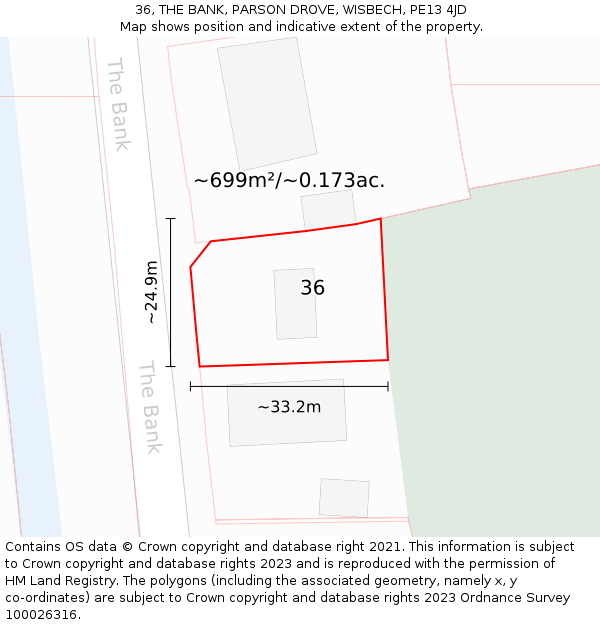 36, THE BANK, PARSON DROVE, WISBECH, PE13 4JD: Plot and title map