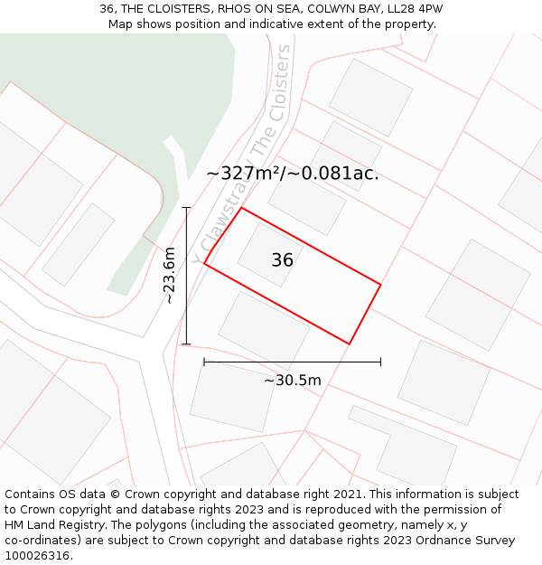 36, THE CLOISTERS, RHOS ON SEA, COLWYN BAY, LL28 4PW: Plot and title map