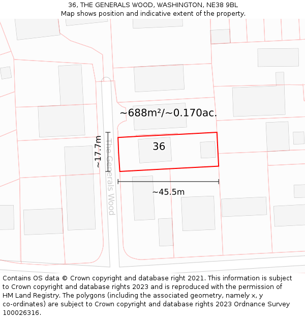 36, THE GENERALS WOOD, WASHINGTON, NE38 9BL: Plot and title map