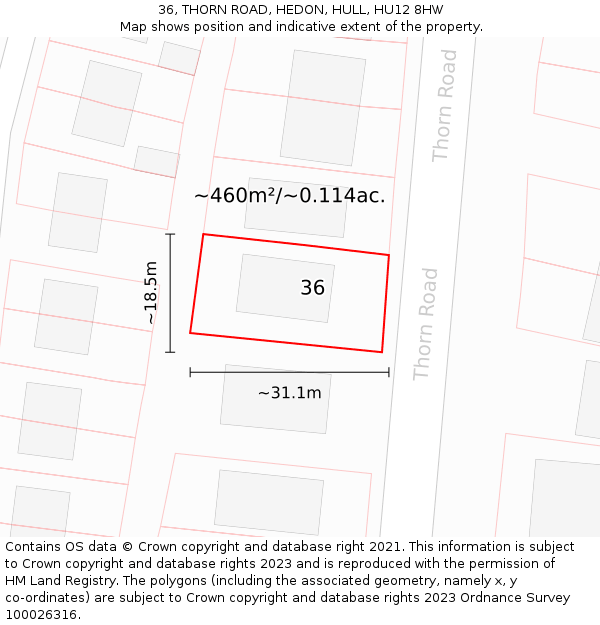 36, THORN ROAD, HEDON, HULL, HU12 8HW: Plot and title map