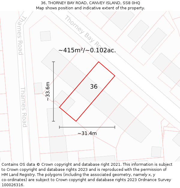 36, THORNEY BAY ROAD, CANVEY ISLAND, SS8 0HQ: Plot and title map