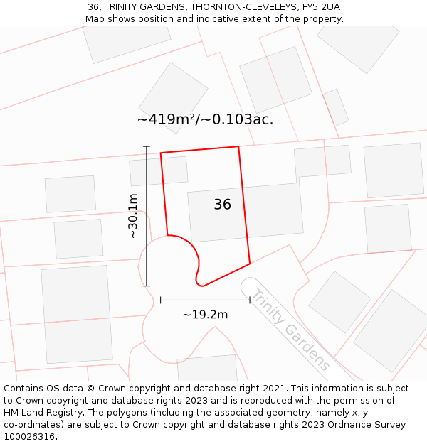 36, TRINITY GARDENS, THORNTON-CLEVELEYS, FY5 2UA: Plot and title map