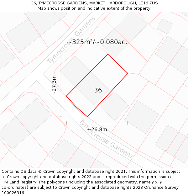 36, TYMECROSSE GARDENS, MARKET HARBOROUGH, LE16 7US: Plot and title map