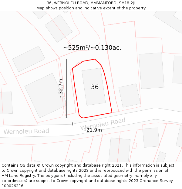 36, WERNOLEU ROAD, AMMANFORD, SA18 2JL: Plot and title map