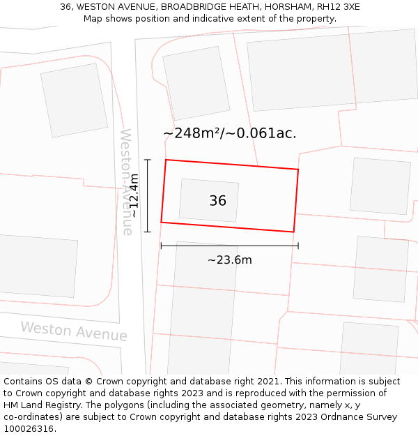 36, WESTON AVENUE, BROADBRIDGE HEATH, HORSHAM, RH12 3XE: Plot and title map