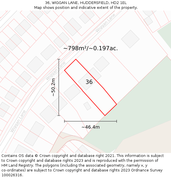 36, WIGGAN LANE, HUDDERSFIELD, HD2 1EL: Plot and title map