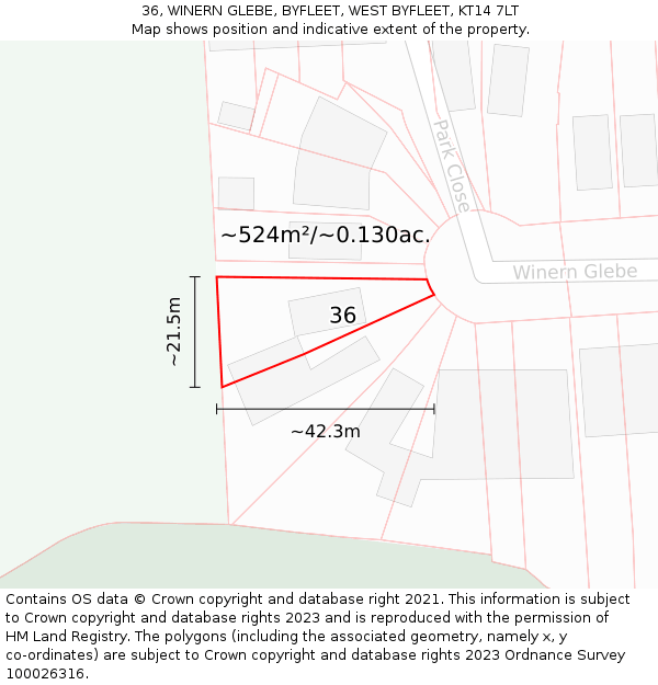 36, WINERN GLEBE, BYFLEET, WEST BYFLEET, KT14 7LT: Plot and title map