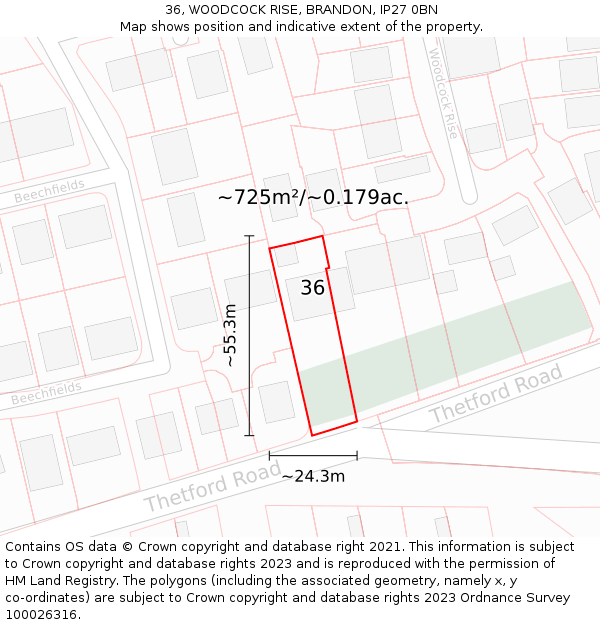 36, WOODCOCK RISE, BRANDON, IP27 0BN: Plot and title map