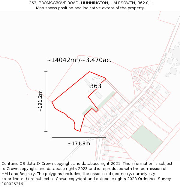 363, BROMSGROVE ROAD, HUNNINGTON, HALESOWEN, B62 0JL: Plot and title map