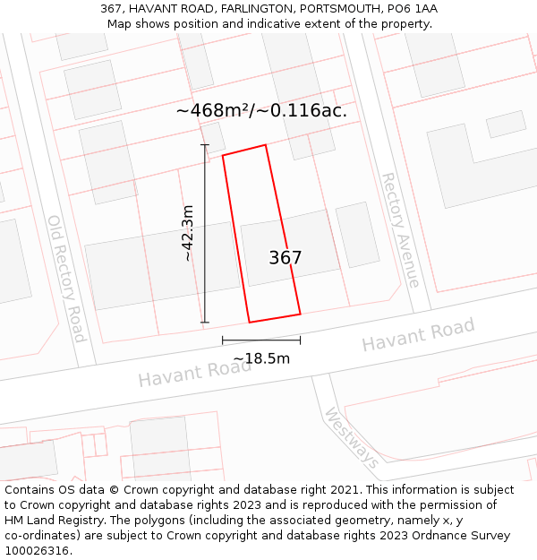 367, HAVANT ROAD, FARLINGTON, PORTSMOUTH, PO6 1AA: Plot and title map