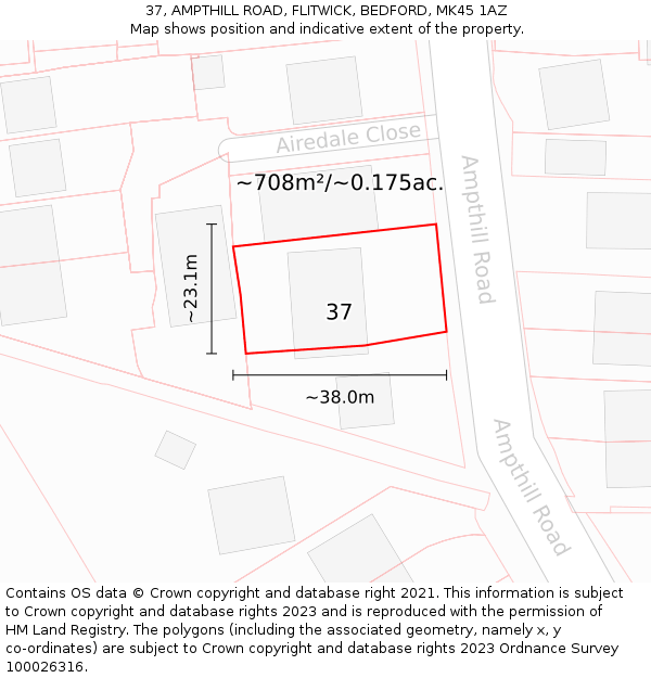 37, AMPTHILL ROAD, FLITWICK, BEDFORD, MK45 1AZ: Plot and title map