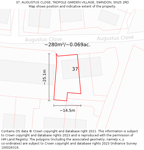 37, AUGUSTUS CLOSE, TADPOLE GARDEN VILLAGE, SWINDON, SN25 2RD: Plot and title map