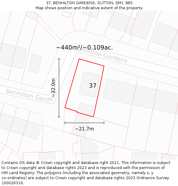 37, BENHILTON GARDENS, SUTTON, SM1 3BS: Plot and title map