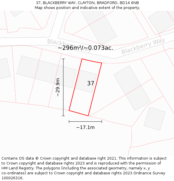 37, BLACKBERRY WAY, CLAYTON, BRADFORD, BD14 6NB: Plot and title map