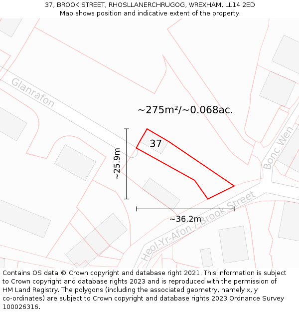 37, BROOK STREET, RHOSLLANERCHRUGOG, WREXHAM, LL14 2ED: Plot and title map