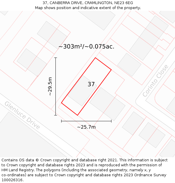 37, CANBERRA DRIVE, CRAMLINGTON, NE23 6EG: Plot and title map