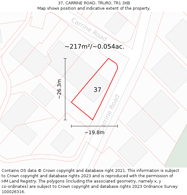 37, CARRINE ROAD, TRURO, TR1 3XB: Plot and title map