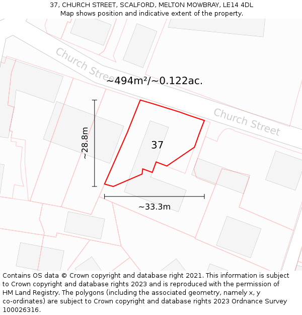 37, CHURCH STREET, SCALFORD, MELTON MOWBRAY, LE14 4DL: Plot and title map