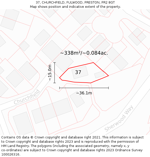 37, CHURCHFIELD, FULWOOD, PRESTON, PR2 8GT: Plot and title map