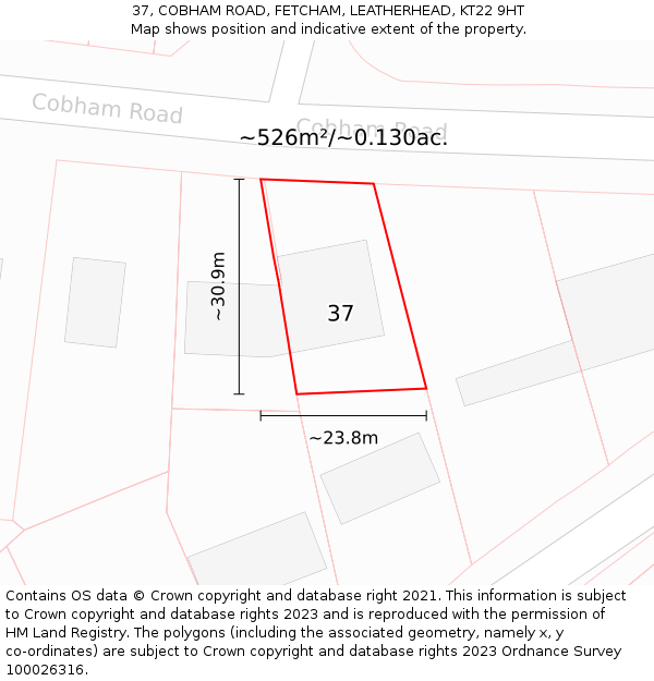 37, COBHAM ROAD, FETCHAM, LEATHERHEAD, KT22 9HT: Plot and title map