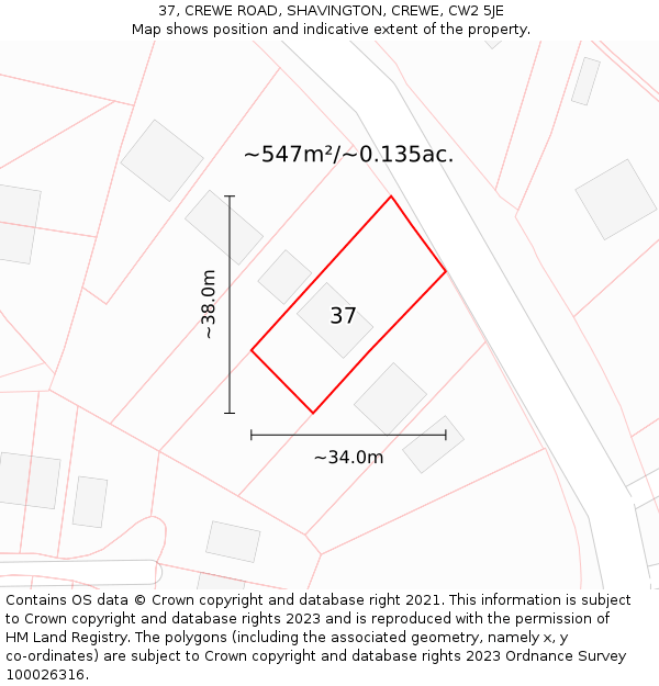 37, CREWE ROAD, SHAVINGTON, CREWE, CW2 5JE: Plot and title map