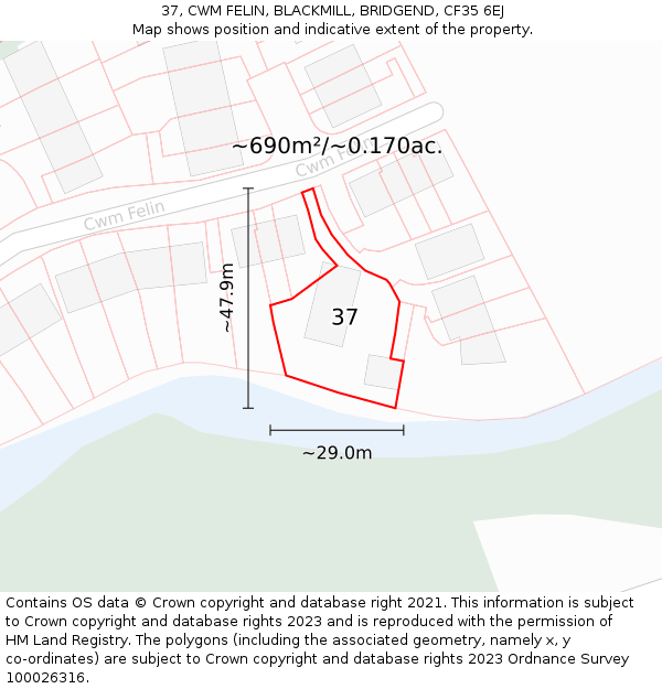 37, CWM FELIN, BLACKMILL, BRIDGEND, CF35 6EJ: Plot and title map