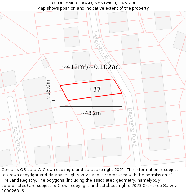 37, DELAMERE ROAD, NANTWICH, CW5 7DF: Plot and title map