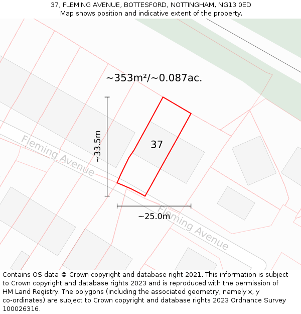 37, FLEMING AVENUE, BOTTESFORD, NOTTINGHAM, NG13 0ED: Plot and title map