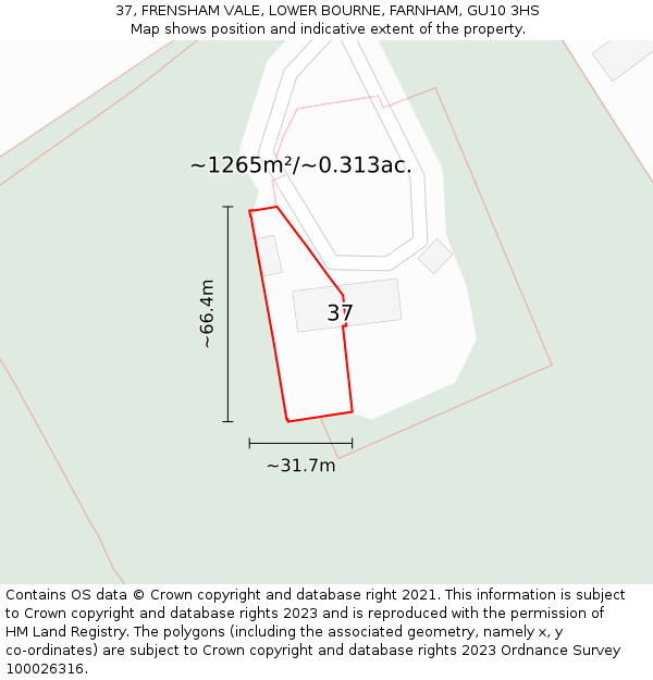 37, FRENSHAM VALE, LOWER BOURNE, FARNHAM, GU10 3HS: Plot and title map