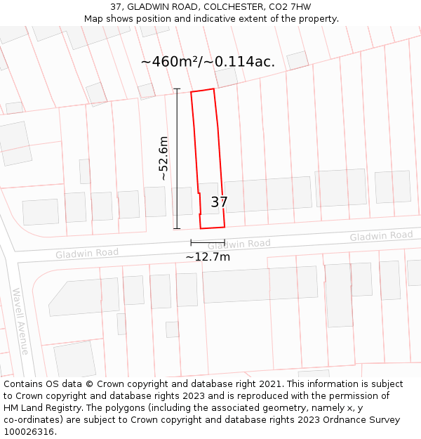 37, GLADWIN ROAD, COLCHESTER, CO2 7HW: Plot and title map