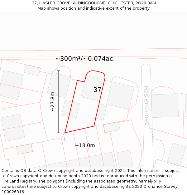 37, HASLER GROVE, ALDINGBOURNE, CHICHESTER, PO20 3AN: Plot and title map