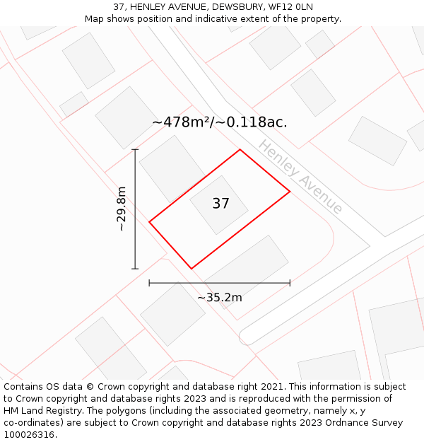 37, HENLEY AVENUE, DEWSBURY, WF12 0LN: Plot and title map