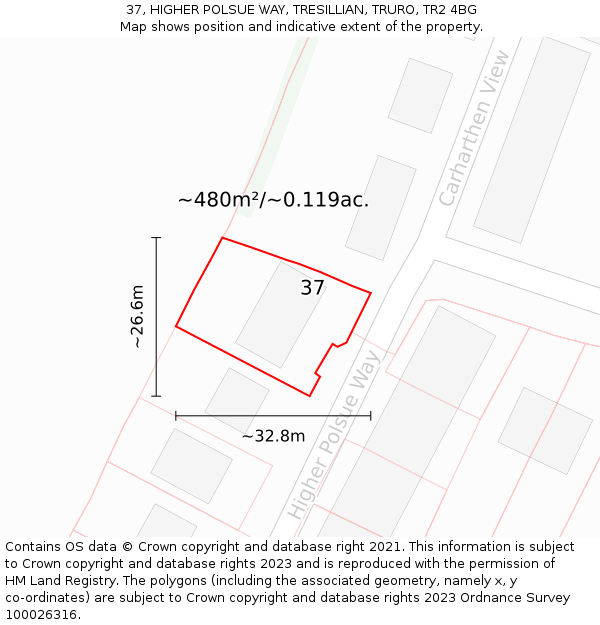 37, HIGHER POLSUE WAY, TRESILLIAN, TRURO, TR2 4BG: Plot and title map