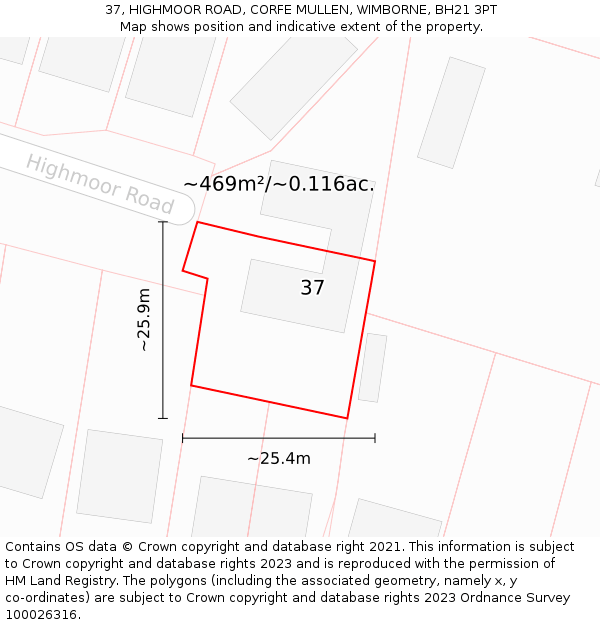 37, HIGHMOOR ROAD, CORFE MULLEN, WIMBORNE, BH21 3PT: Plot and title map