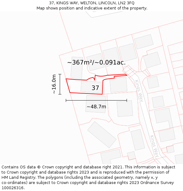 37, KINGS WAY, WELTON, LINCOLN, LN2 3FQ: Plot and title map