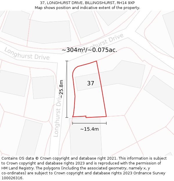 37, LONGHURST DRIVE, BILLINGSHURST, RH14 9XP: Plot and title map