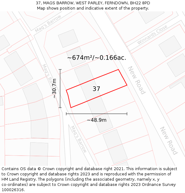 37, MAGS BARROW, WEST PARLEY, FERNDOWN, BH22 8PD: Plot and title map