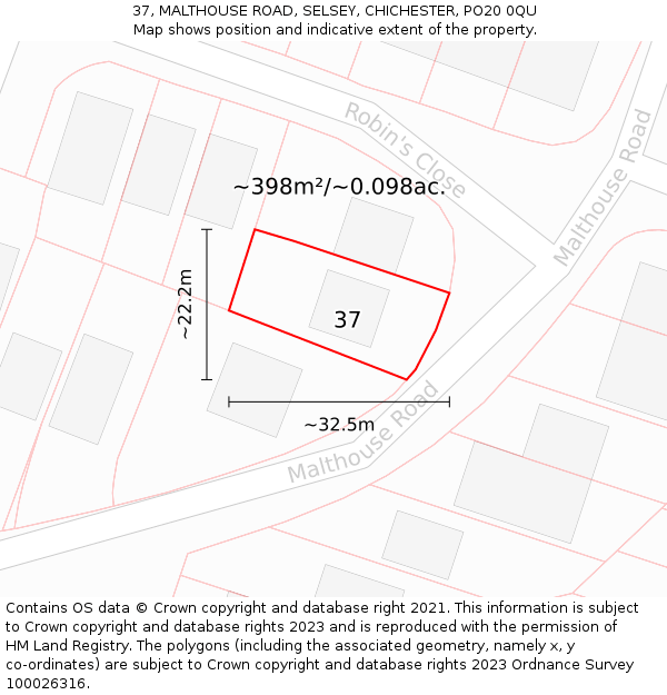 37, MALTHOUSE ROAD, SELSEY, CHICHESTER, PO20 0QU: Plot and title map