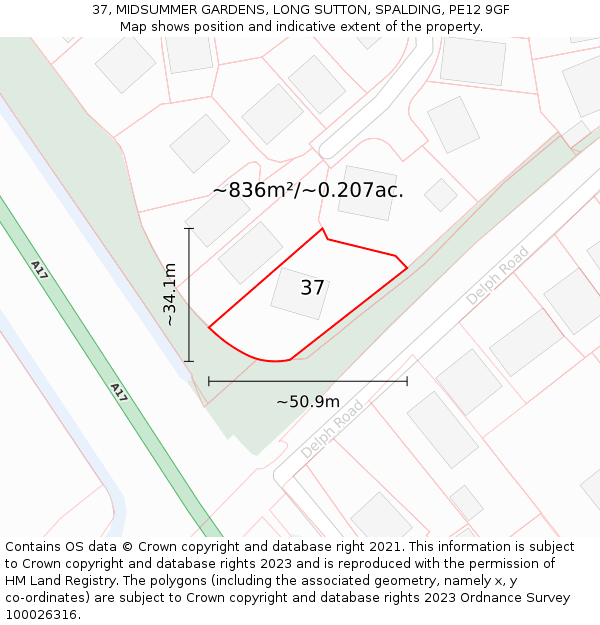 37, MIDSUMMER GARDENS, LONG SUTTON, SPALDING, PE12 9GF: Plot and title map